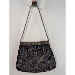 Menbur Black‎ Beaded Floral Evening Bag Rhinestone Metal Frame Satin Clutch